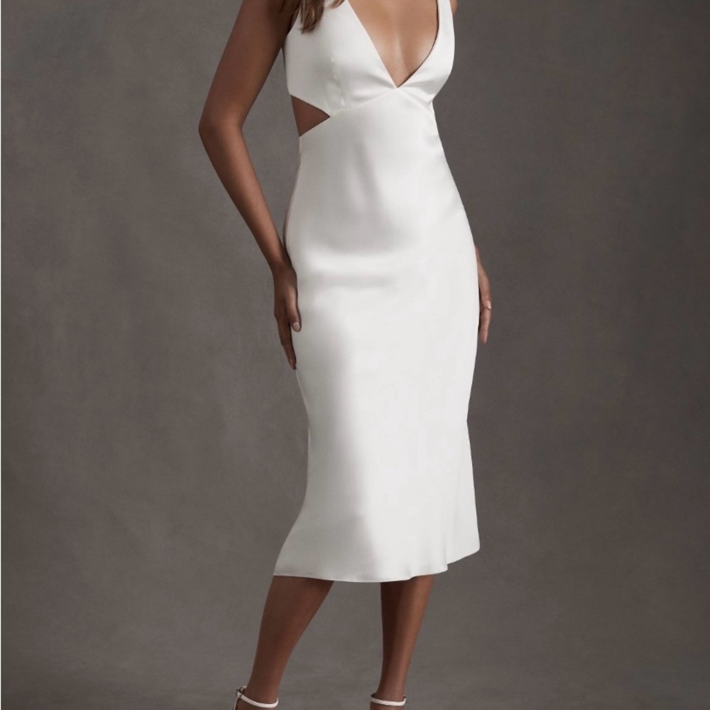 Sachin + Babi ivory midi dress with cutout and satin button detail